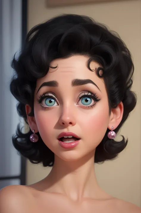 (Betty Boop),((retrato centrado: 1girl))expresion timida, estilo pixar, Somber, Negativo, torcido, weird, (ojos grandes, ojos grises, super detallados), (((desnuda))), Pero Tim Burton, ((realista, super-realistic, realismo, Detalles realistas)), ojos nitid...