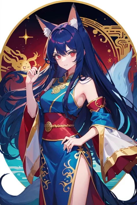 1 young girl, long blue hair, This depicts a fox disguised as a woman, wearing Chinese Traditional dress, There is a golden fox with red eyes in the background, twilight, deep sea, animal ears, dragon horn, cool, holding a gun, looking at the audience,Has ...