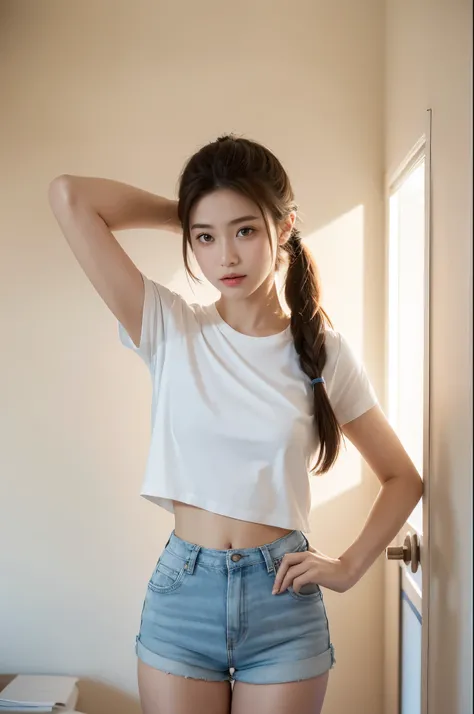 (best quality, hd, ultra-detailed, realistic:1.37), 1girl, blank white tshirt, short pants, ponytails, models, vibrant colors, sunlight, natural ambience, professional lighting, soft shadows, summertime, energetic, youthful, lively, in door photoshoot, val...