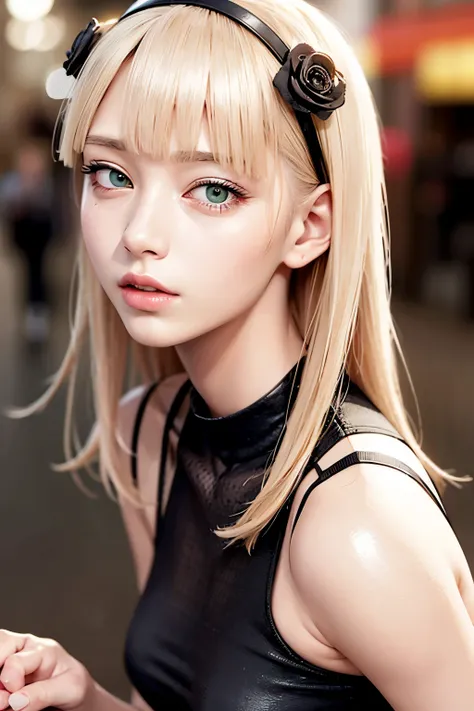 Woman blonde hair green eyes with pink batum and black top, realistic art style, Rossdraw portrait, artgerm portrait, Realistic art style of anime, 4K Realistic Digital Art, 4K Realistic Digital Art, 8k art germany bokeh, deviantart artstation cgscosiety, ...