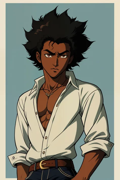 ((estilo anime dos anos 90)), ultra detailed illustration of a dark-skinned teenage gangster with dark afro hair wearing 1990s c...