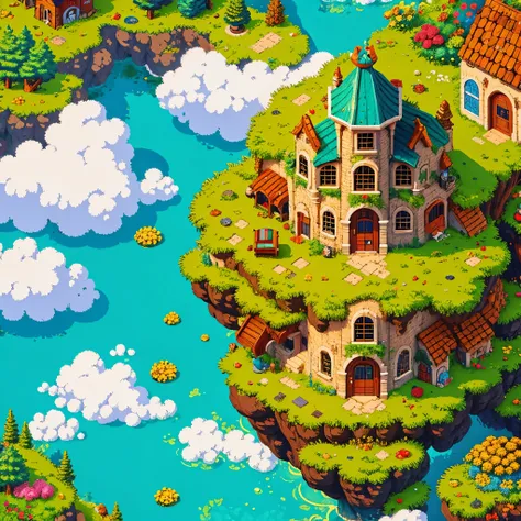 pixel art,1 building, masterpiece, best quality,in the sky,cloud