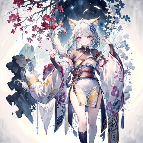 (masterpiece、best quality、8k ),Crazy details,Ancient Chinese themes,1 cute loli girl,innocent smile ,(silver hair:1.2),((fox ears:1.3)),long ponytail,(qipao dress:1.3),thigh ,long eyelashes,(Beautiful and delicate eyes),glossy lips,Sunlight,raise arms,Asto...