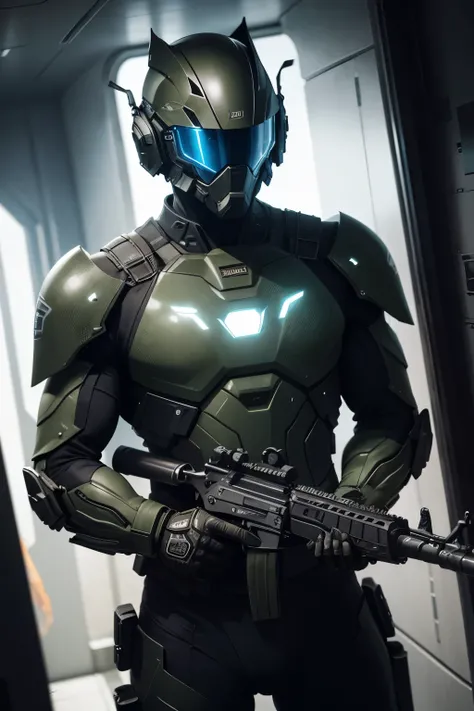 Amidst the stark contrast of a dark, overcast street, a line of futuristic soldiers stands tall through the ships hatch, their advanced armor shining in a dramatic, hyperrealistic reflection. The armor, a mesmerizing blend of advanced technology and milita...