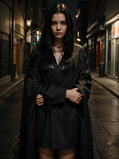 A realistic photograph of a woman with black hair in a very dark version, highlighting the shadows and contrasts, wearing an akatsuki cloak with details in black and red, she is in a dark street at night, with smoke, her hair is wet, colder and darker colo...