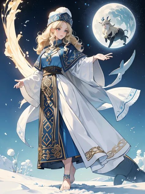 A tall 15 yeas old girl with ((white-blond hair)) curly like a mane, dressed in Celtic and slavic wool clothing, adorned with metals, has a beaded necklace, ((blue fingertips and toes)), a snowball hat and a large whale skin coat , black and round eyes