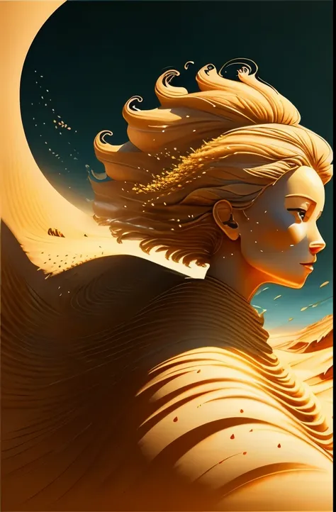 female made of sand, female painted by sand, sand blowing away by wind