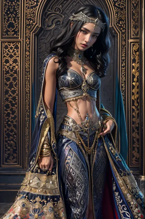 portrait, One exotic teenage Saudi Arabian girl, who has the most beautiful face in the world,  (18 years old:1.3), stands in the grand hall of the Arabian palace, her hand casually resting on her slender waist. Her intricately designed gauntlets glint in ...