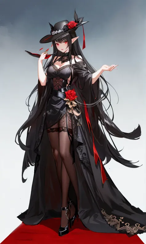 long black hair,close up,dream world,Elf royal sister,long black hair凌乱的发丝,Nice red eyes,Prom hall background,Black rose,grace,Manicure,Huge wide-brimmed black hat,(Black lady hat),necklace,humanoid,Baroque, Her skin is very white, fair complexion,(Black l...