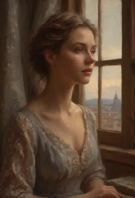 （best quality，4K，8k，masterpiece：1.2），Super detailed，lifelike，photorealism：1.37，woman by window，detailed facial features，a hint of mystery，gentle expression，Beautiful flowing dress，stare into the distance，eternal，bell