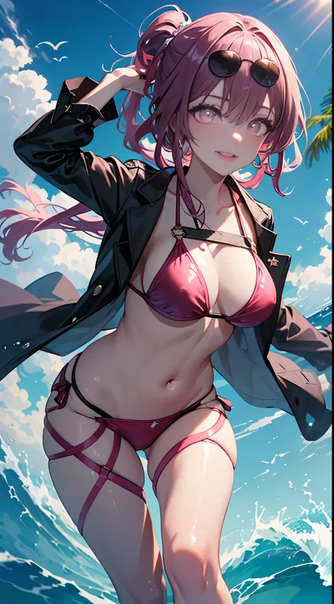 (best quality,ultra-detailed:1.5),(Detailed eyes:1.5),beach, waves, sandy shore, summer, sun, palm trees, seagulls, ((bikini)), sunglasses, sea breeze, bright colors, joyful, relaxed, wide smile, playful, happy posture, ocean view, tropical, vibrant, anime...