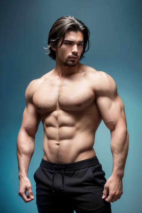 A man with a well-defined, muscular physique proudly stands before the viewer. He is dressed in a fitted black shirt that accentuates his chiseled features and confidence. His dark, wavy hair is neatly styled and falls just above his shoulders. The backgro...