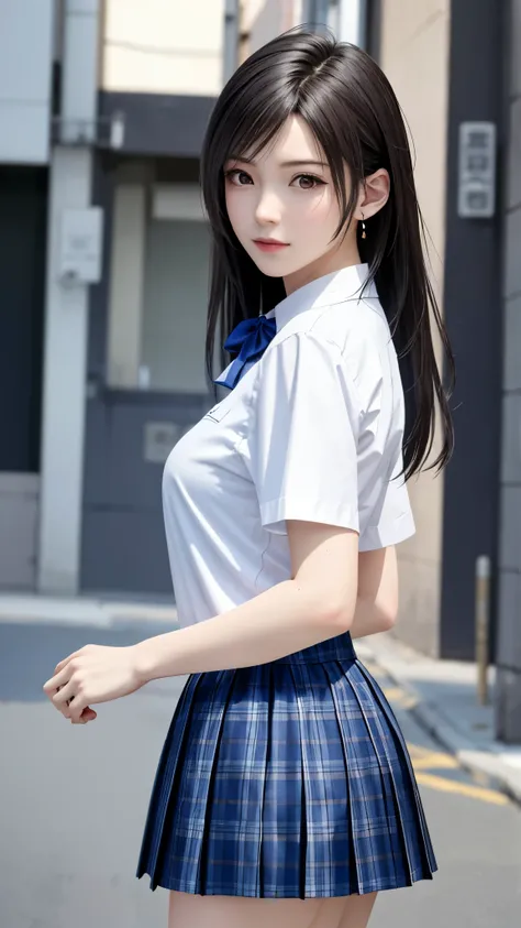 (top quality, masutepiece: 1.1), (Realistic: 1.3), (photoRealistic: 1.3),wallpapers, BREAK (((FF7,Tifa_lockhart))),behind view:1.3,(((Japan jk uniform,White short-sleeved shirt,a bow tie,Navy Blue Plaid Pleated mini-Skirt,Dark blue high socks))),(backgroun...