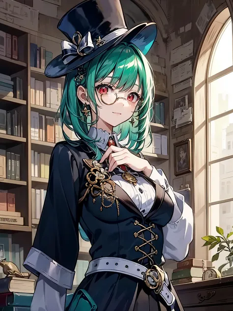 （（（masterpiece、Highest image quality、highest quality、highly detailed unity 8ｋwallpaper）））、（（Illustration of one girl、upper body））、（（（beautiful girl）））、（librarian）、（Emerald green hair、messy hair、sidelocks：1.2、red eyes、crazy smile）、（（（flat chest）））、（（（monocl...