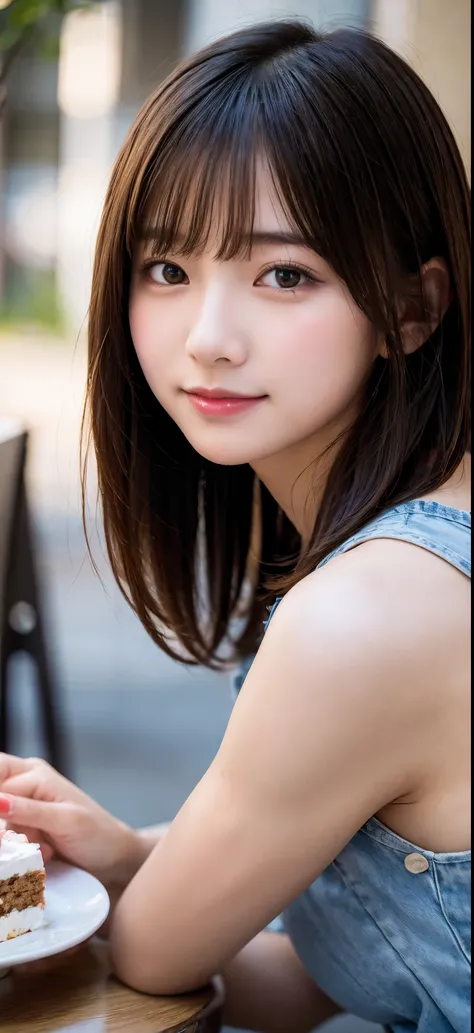 looking at camera, Cafe, birthday cake, kiss face, idol face, handsome face, bob cut, big breasts, 14歳のbeautiful girl, In addition, smile, masterpiece, highest quality, RAW photo, realistic, beautiful girl, cute, Depth of written boundary, High resolution...
