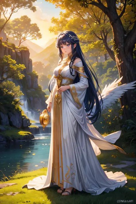 Imagine an enchanting scene for the storybook cover featuring our anime girl protagonist:

The background is a lush and vibrant fantasy landscape, with towering trees, rolling hills, and a cascading waterfall. A soft, golden glow bathes the scene as if tou...