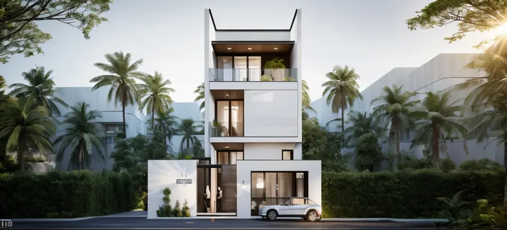 a (photorealism:1.1) architect style indochine, clean linework, frontview, inter dimensional villa, (white wall:1.1), white colu...