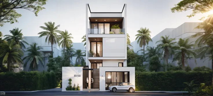 a (photorealism:1.1) architect style indochine, clean linework, frontview, inter dimensional villa, (white wall:1.1), white colu...