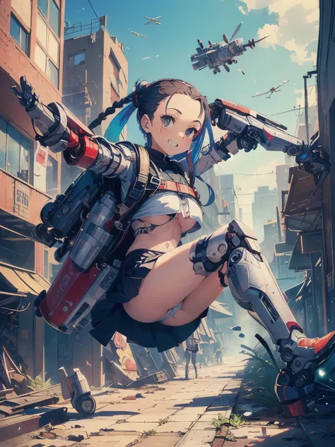 (High quality, Ultra detailed, best quality, insanely detailed, beautiful, masterpiece:1.3),(1girls:1.5),(10yo),(fly in the sky with a jetpack:1.4),(colorful Cyborg arms and legs:1.6),smile,very very long hair,(cornrow hair),(forehead hair),(slender),(pant...