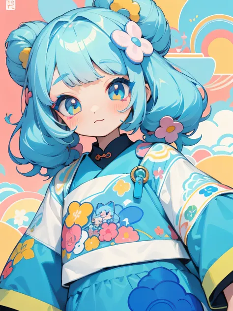 high high quality、Colorful color palette、high-level image quality、( with makeup:1.37) 、wearing  cheongsam, Chinese blue and white womens collection, cute cartoon design, Sky blue and bright yellow
（Behind it are cosmetics and decorations：1.3），Geometric pat...