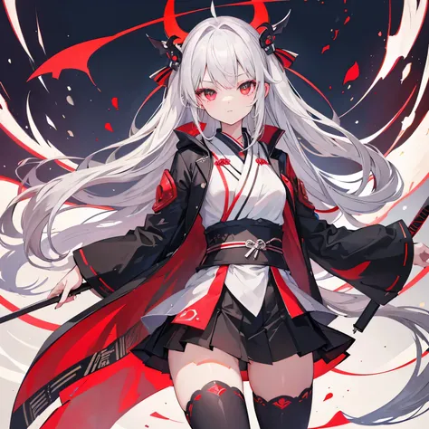 ((highest quality)), ((masterpiece)), (be familiar with), perfect face，girl，gray hair，long，Eye Fold，Thighhighs，kimono，Jacket，thighs，Red thunder，Red light，Oniko