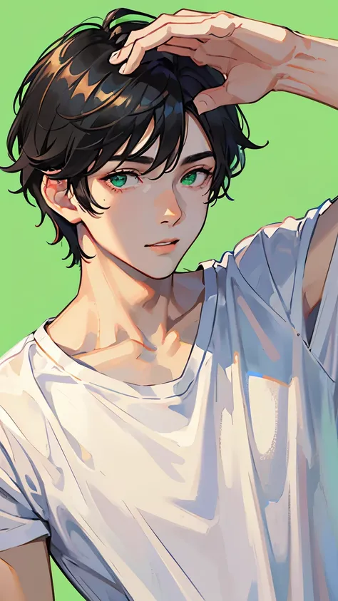 1 man with black hair, green eyes, wearing a white t-shirt, taking a selfie, very detailed