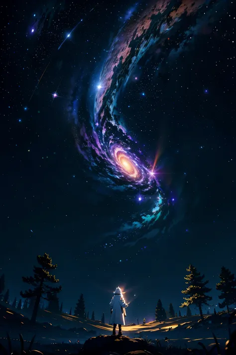 1 Menino, alone, Are standing, outer space, giant star, bright stars, dim sky, aristocratic clothes, white clothes, Golden clothes, black clothes, Yggdrasil tree, massive trees,  star, (Ultra-detailed 8K), (masterpiece), ((masterpiece)), ((cinematic qualit...