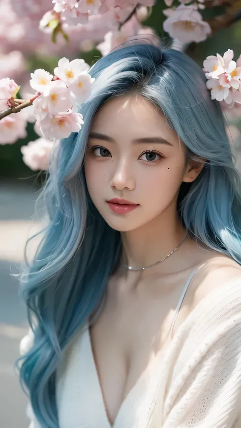 a girl, Stand sideways, light blue hair, There is a branch full of cherry blossoms above my head, Wearing a white sweater, Holding a flower in one hand, Smell the flowers gently with your nose, long hair, curls, crescent hair ornament, There are moles unde...