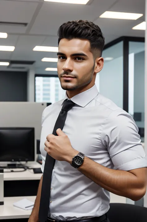 realistic office going male character, with light bown skin and short clean black curly hair with bald fade, no facial hair,clean shaved, a perfect sales agent