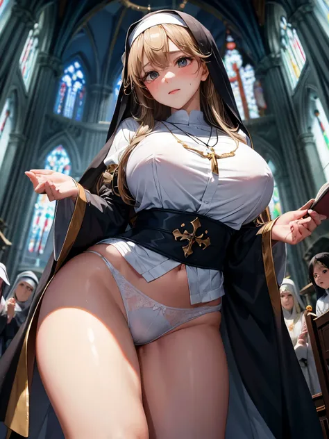 fantasy, (from below:1.4), fisheye lens, face focus, (close-up:1.2), full body, 24yo beautiful 1girl, nun, (impossible clothes), curvy, sagging breasts, skindantation, (leaning forward:1.3), Hold your Bible with both hands, victory pose, dark blue 宝石の付いたゴー...