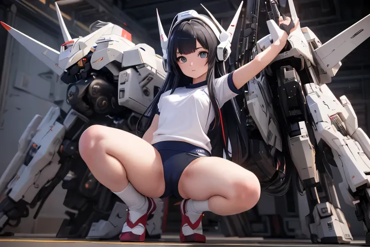 (highest quality)), ((masterpiece)), (very detailed: 1.3), 3D, {(1 young girl)}, (wear navy buruma and white gym uniform with colored hem under armor:1.3), (black hair:1.5), (She is fused with futuristic Gundam mecha:1.3), with headgear, with v-fin , armor...