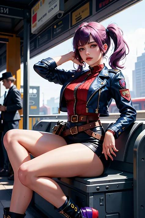 masterpiece, best quality, official Fortnite art, ultra detailed, beautiful and aesthetic, 1female character, navy blue legs, red boots, red short shirt, black leather jacket, lilac twintails hair, expressive yellow eyes, full body, wide hips, holding a li...