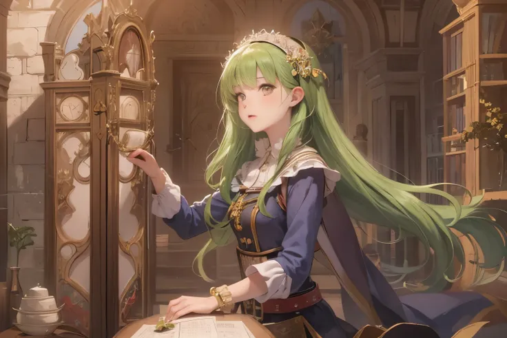 Anime characters: A girl with yellow-green hair and white highlights from the front is tying her hair and arranging it. The explorer&#39;s steam-age medieval masterpiece has a shadow avatar. 