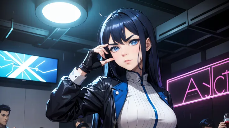 cool synthwave anime girl , dark blue hair , blue eyes , rainy time , underground dance club , whole body shot, big brest, (Perfect thick white eyebrows) Delicate fur, 详细s face, s the perfect face, At a in an underground dance club , (Drink a glass of wine...