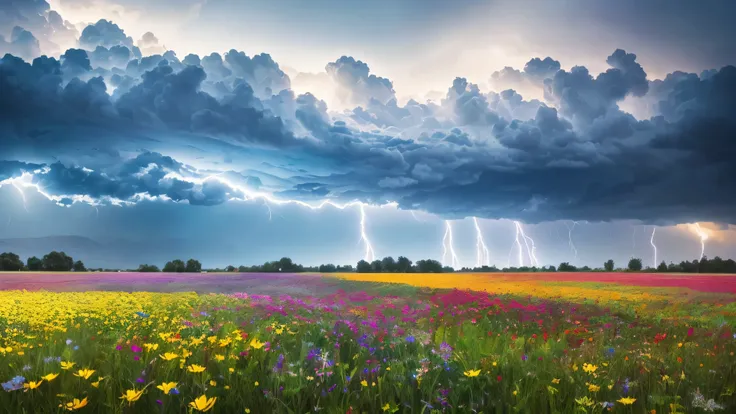 um campo com flores silvestres coloridas, overcast sky with lightning, realista details in dense clouds, detalhes perfeitos em f...