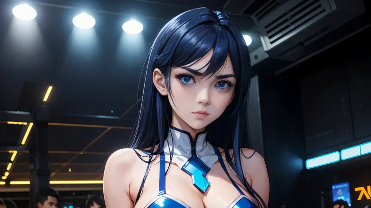 cool synthwave anime girl , dark blue hair , blue eyes , rainy time , underground dance club , whole body shot, big brest, (Perfect thick white eyebrows) Delicate fur, 详细s face, s the perfect face, At a in an underground dance club , (Drink a glass of wine...