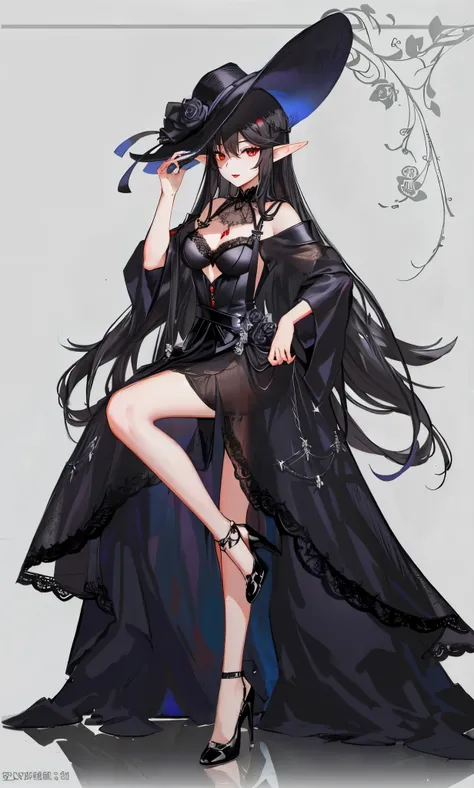 long black hair,close up,dream world,Elf royal sister,red lips,long black hair凌乱的发丝,Nice red eyes,Prom hall background,Black rose,grace,Manicure,Huge wide-brimmed black hat,(Black lady hat),necklace,humanoid,Baroque, Her skin is very white, fair complexion...