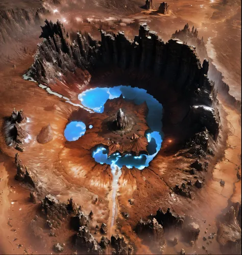 Aerial view taken from top to bottom directly from the drone,Big overlook，Ultra-long viewing angle，Vision，broad perspective，Panorama， A huge crater，There is some water in the crater，Puddles，In the middle of the crater there is a shining meteorite，Midnight，...