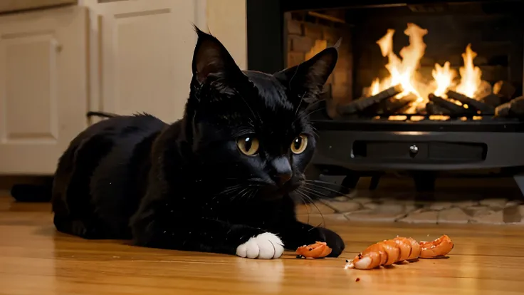 Cute black cat cooks shrimps