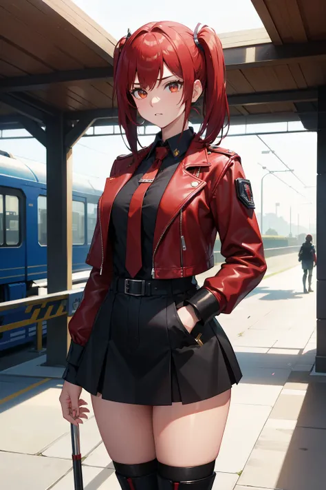 High-quality masterpiece, train station scene, lone female Fortnite skin, naval blue legs, red boots gleaming, red short shirt contrasting, black leather jacket covering shoulders, lilac twintails cascading gracefully, expression with captivating yellow ey...