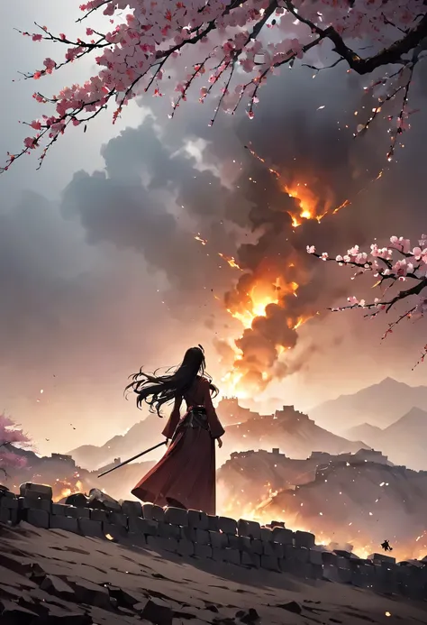 (Ten Miles of Enchanting Peach Blossoms:1.2)，The back of a woman with long hair reaching her waist stands under the peach blossom tree，firm eyes， Heqiang，She looked at the Great Wall in the distance, filled with smoke.，flint，blood stained sand，Iron can tra...