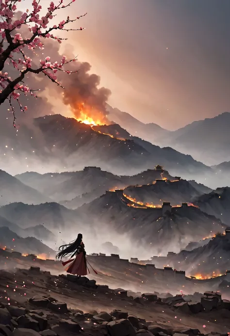 (Ten Miles of Enchanting Peach Blossoms:1.2)，The back of a woman with long hair reaching her waist stands under the peach blossom tree，firm eyes， Heqiang，She looked at the Great Wall in the distance, filled with smoke.，flint，blood stained sand，Iron can tra...