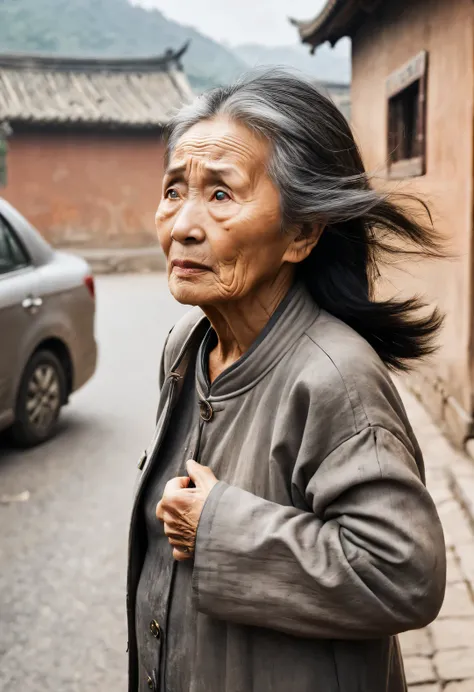 With terracotta warriors and horses art style, portrait，An old Chinese woman raised a hand to cover her forehead, Anxiously waiting for the children to come home for the holidays, Standing on the main road in the village.。A bit like the old Chinese actor W...