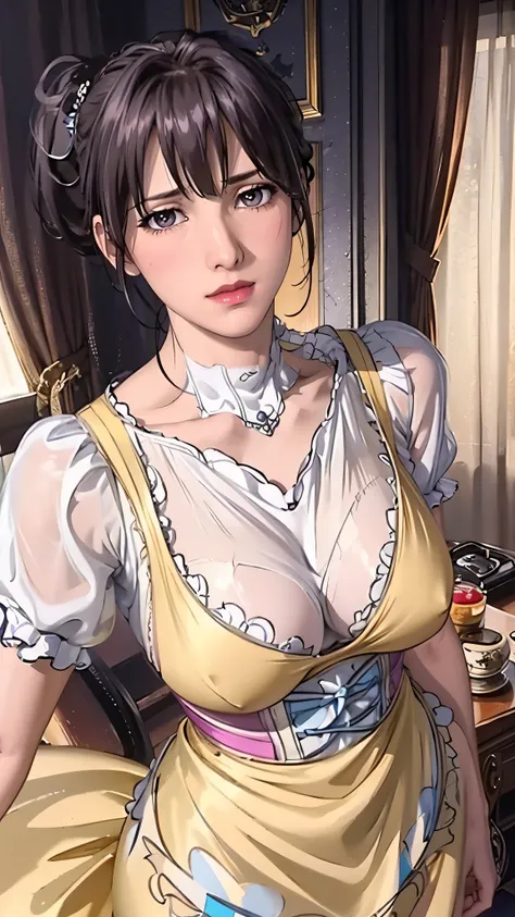 （（（puffy sleeves,yellow dress,short sleeves，（（（1girl，clavicle，makeup, Purple hair,brown eyes,lips,ponytail,short hair,lipstick,ribbon,collarbone, ））），（（（wide hips））），S-shaped body:1.7））），((masterpiece)),high resolution, ((Best quality at best))，masterpiece...