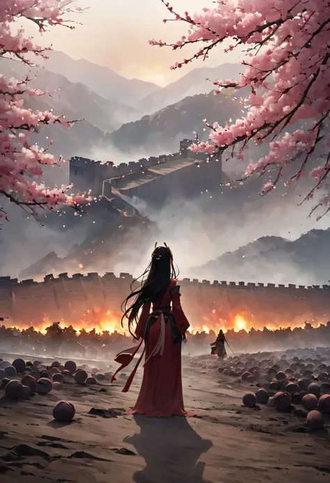 (Ten Miles of Enchanting Peach Blossoms:1.2)，The back of a woman with long hair reaching her waist stands under the peach blossom tree，firm eyes， Heqiang，She looked at the Great Wall in the distance, filled with smoke.，flint，blood stained sand，Iron can tra...