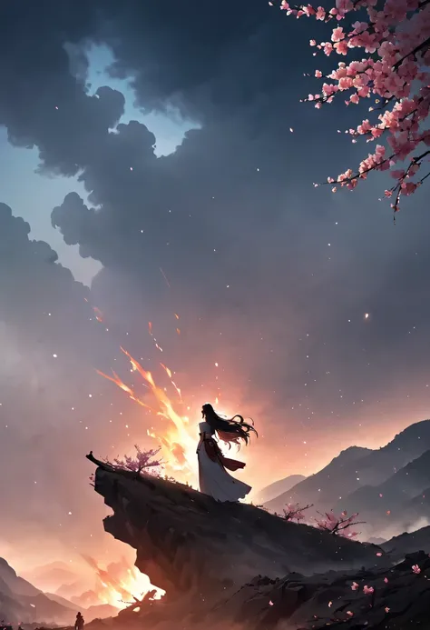 (Ten Miles of Enchanting Peach Blossoms:1.2)，The back of a woman with long hair reaching her waist stands under the peach blossom tree，firm eyes， Heqiang，She looked at the battlefield in the distance, filled with smoke.，The flames burst into the sky，China，...