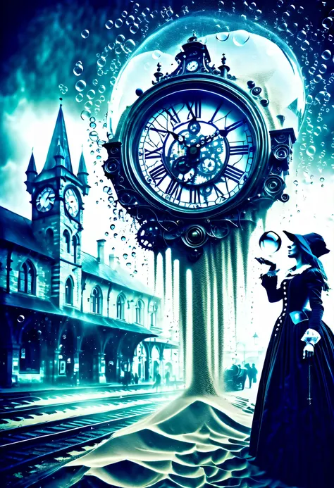 Double exposure of train station and medieval woman, Steampunk clock fused with sandy foam flow splash, Photorealistic illustration, On the palm of your hand, fantasy art, very dark atmosphere, Beautiful detail shine, waiting rain, crossstone layer, 