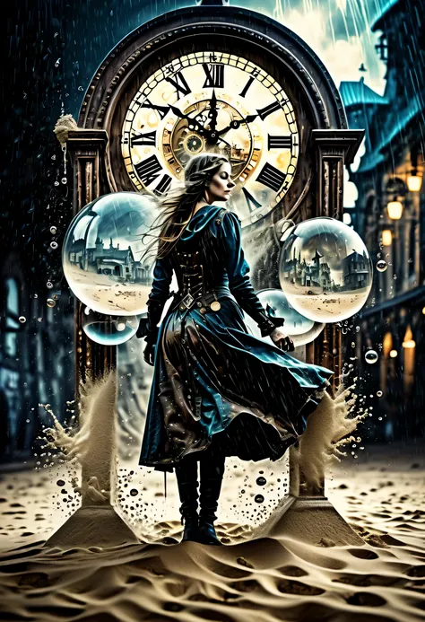 double exposure of train station and medieval woman, steampunk clock fused with sandy foam flow splash, photorealistic illustrat...