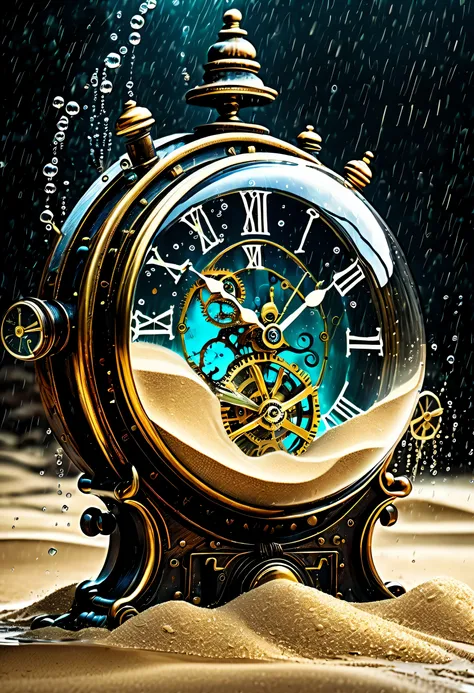 steampunk clock fused with sandy foam flow splash, photorealistic illustration, on the palm of your hand, fantasy art, very dark...