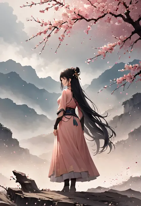 (Ten Miles of Enchanting Peach Blossoms:1.2)，The back of a woman with long hair reaching her waist stands under the peach blossom tree，firm eyes， Heqiang，She looked at the battlefield in the distance, filled with smoke.，China，Ancient，ink，